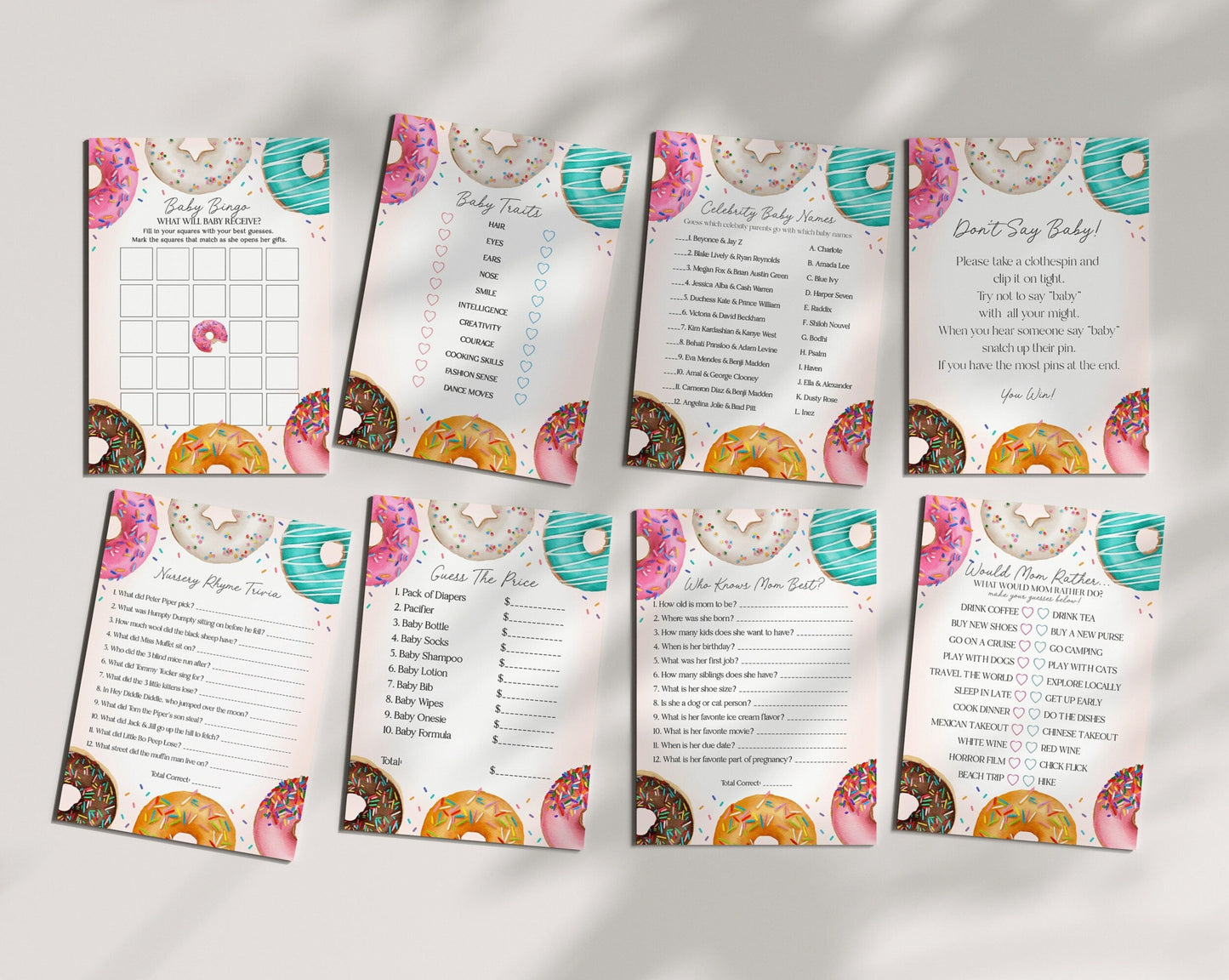 Donut Sprinkles Baby Shower Games Bundle Printable, Sprinkled Donuts & Diapers Baby Sprinkle for Girl Sweet Celebration Sprinkled with Love