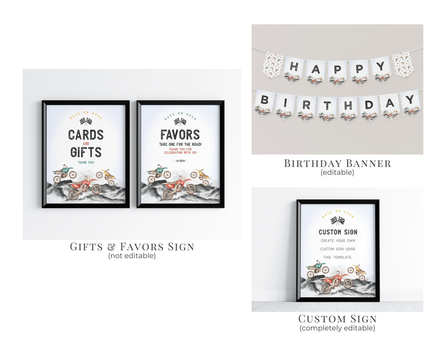 Dirt Bike Fast One First Birthday Bundle Printable Template, Little racer 1st birthday for boy, motor bike racing theme off-road bday party