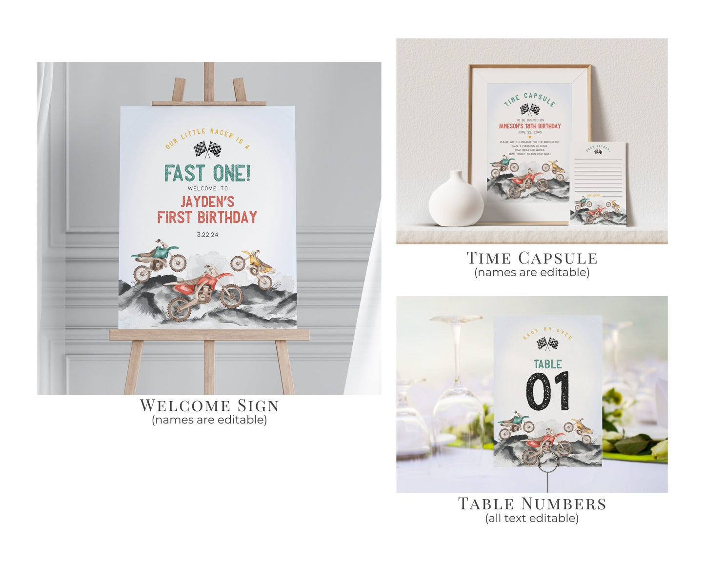 Dirt Bike Fast One First Birthday Bundle Printable Template, Little racer 1st birthday for boy, motor bike racing theme off-road bday party