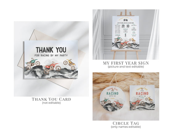 Dirt Bike Fast One First Birthday Bundle Printable Template, Little racer 1st birthday for boy, motor bike racing theme off-road bday party