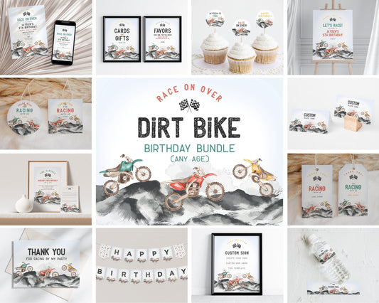 Dirt Bike Birthday Bundle Any Age Printable Template, Race on over birthday party for boy, motor bike racing theme off-road bday party