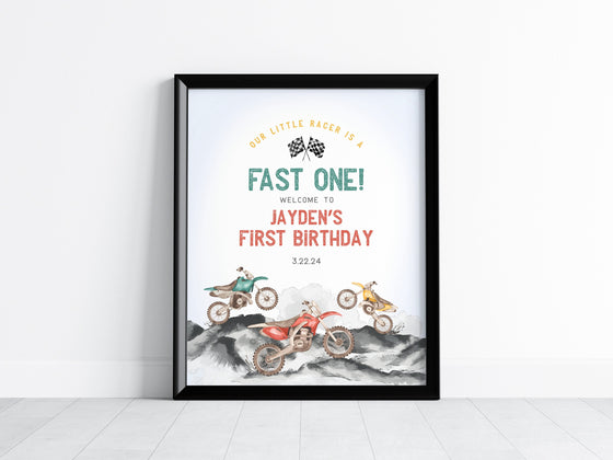 Dirt Bike First Birthday Fast ONE Welcome Sign Printable Template, Little racer 1st birthday for boy, motor bike racing theme off-road bday