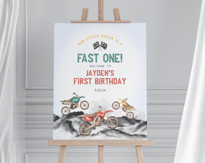 Dirt Bike First Birthday Fast ONE Welcome Sign Printable Template, Little racer 1st birthday for boy, motor bike racing theme off-road bday