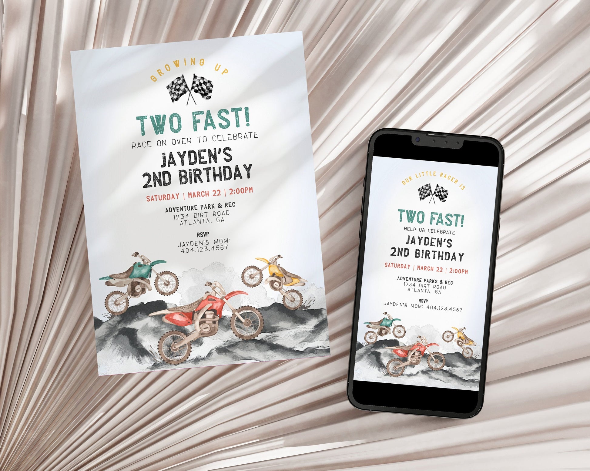 Dirt Bike Second Birthday Two Fast Invitation Printable Template, Little racer 2nd birthday for boy, motor bike racing theme off-road bday