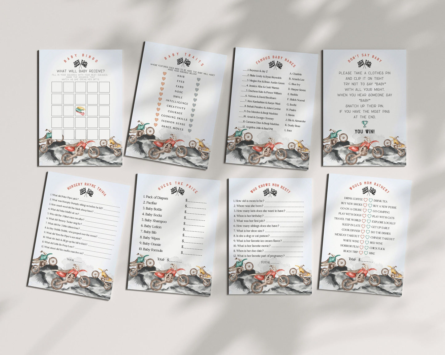 Dirt Bike Baby Shower Games Bundle Instant Download, Race on Over a Little Racer is on the Way Off-road motor bike Baby Shower for Boy