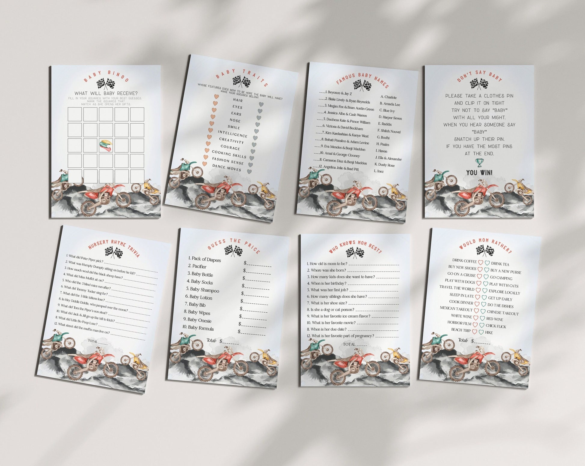 Dirt Bike Baby Shower Games Bundle Instant Download, Race on Over a Little Racer is on the Way Off-road motor bike Baby Shower for Boy