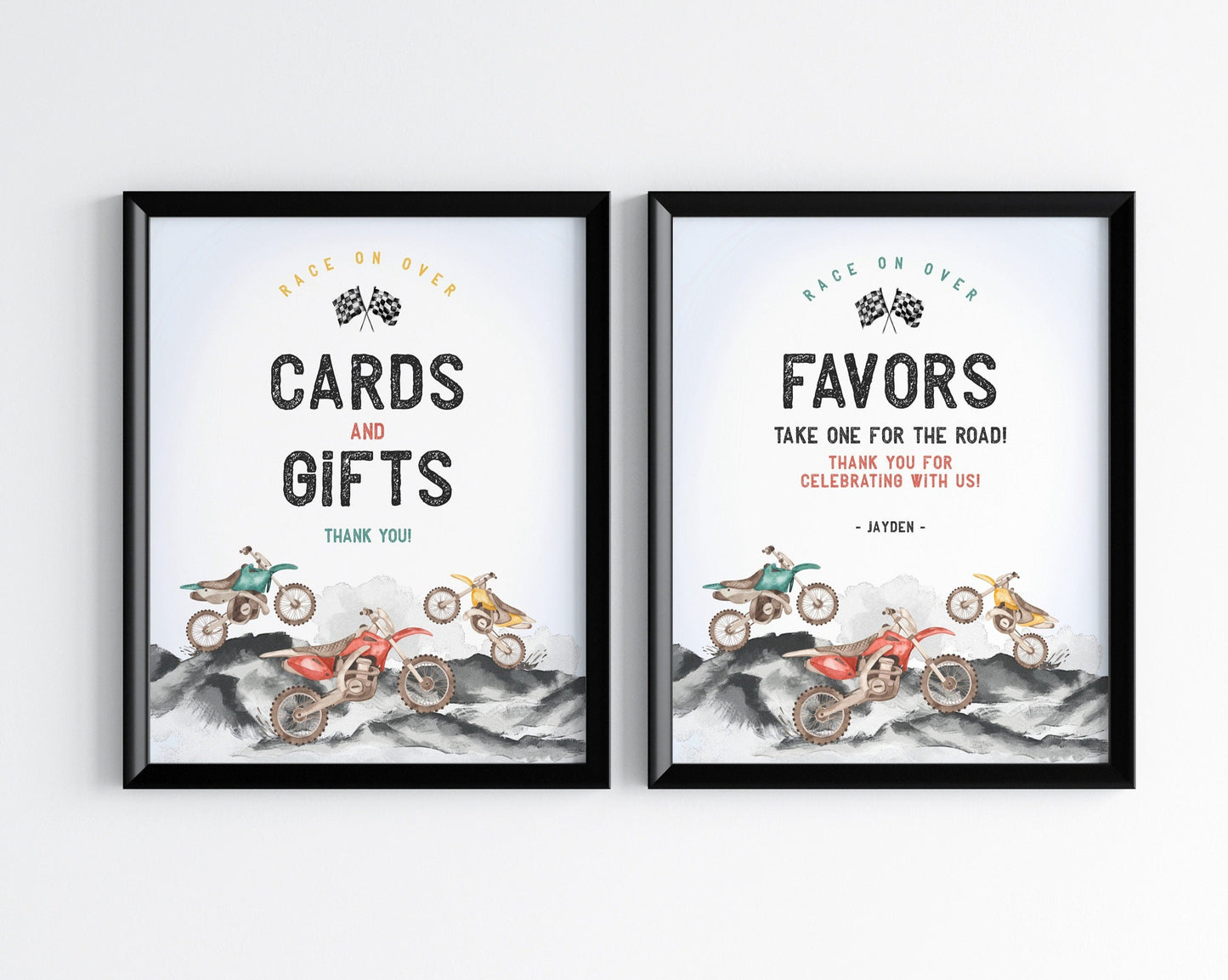 Dirt Bike Cards and Gifts Sign and Favors Sign Instant Download, Race on Over Baby Shower or Birthday Party for Boy, Two Fast, Fast One