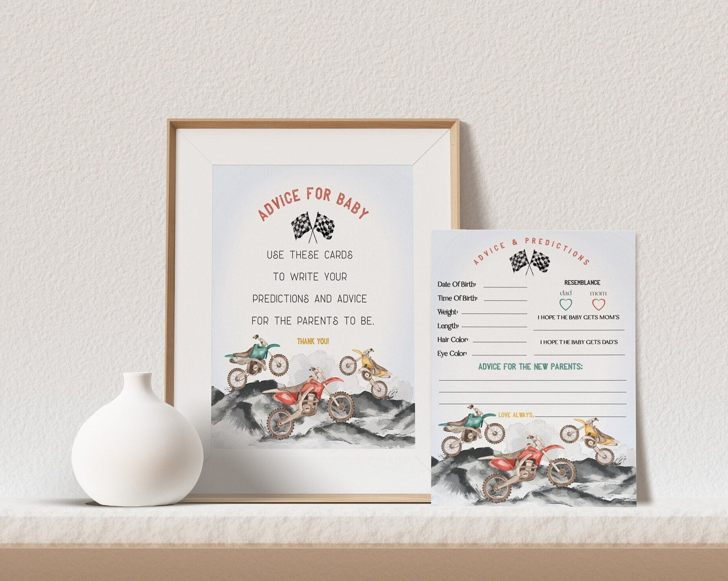 Dirt Bike Advice for Baby Cards Printable Template, Little Racer on the Way Boy Baby Shower, motor bike racing theme Off-road shower