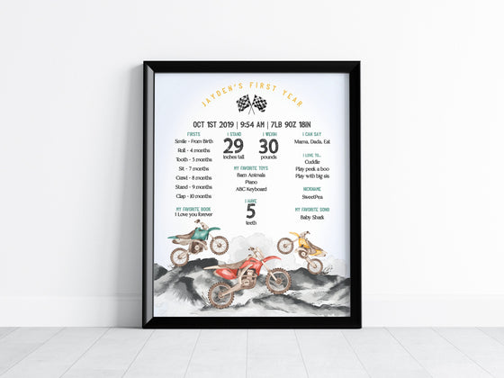 Dirt Bike First Year Milestone Sign Instant Download, Little Racer is a Fast ONE First Birthday Milestone Sign Boy Birthday racing theme