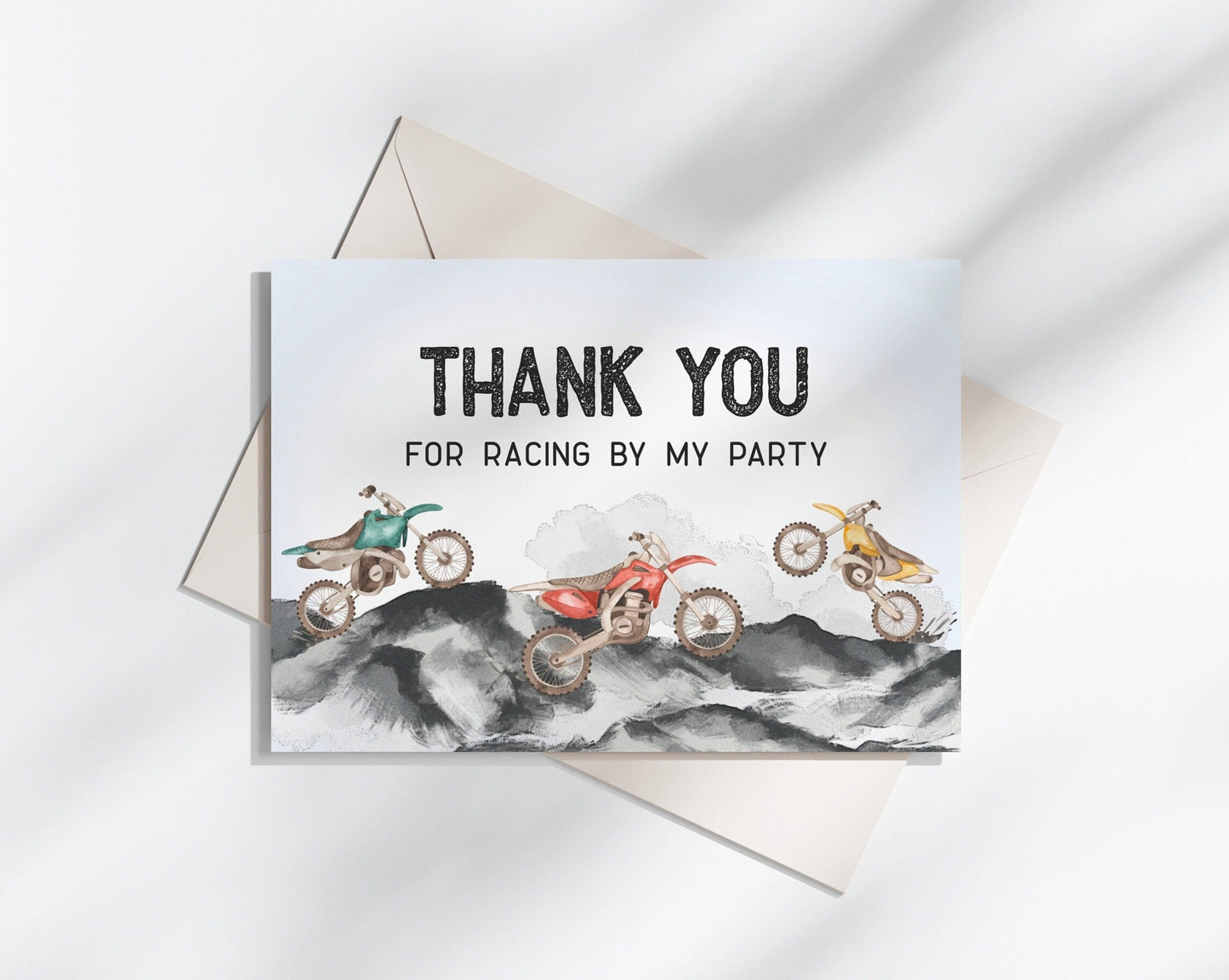 Dirt Bike Thank You Card Printable Template, instant download birthday or baby shower for boy little racer is a fast one growing up two fast