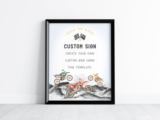 Dirt Bike Custom Sign Printable Template, Little Racer baby shower or birthday party for boy, Race on Over TWO Fast, Fast ONE Birthday