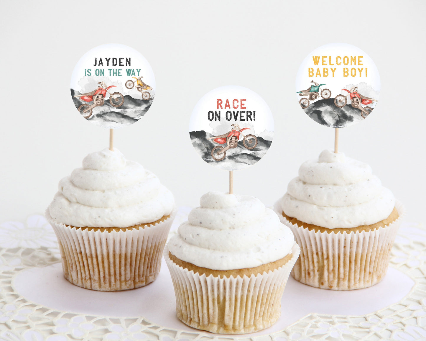 Dirt Bike Baby Shower Cupcake Toppers Printable Template, Race on over baby shower boy, motor bike racing theme bike Off-road shower decor