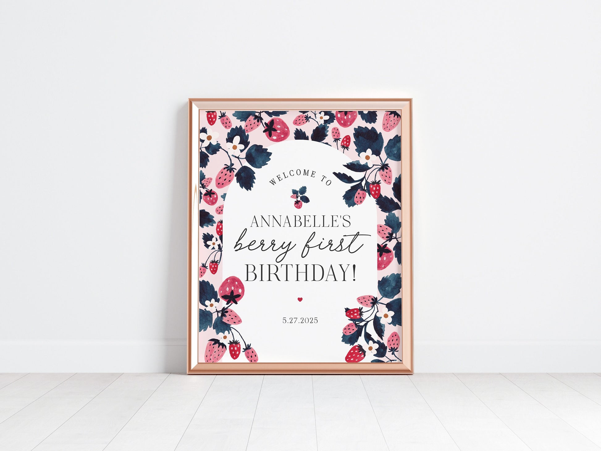 Pink Strawberry First Birthday Welcome Sign Printable Template, Sweet Berry 1st birthday for spring or summer fresh fruit birthday for girl