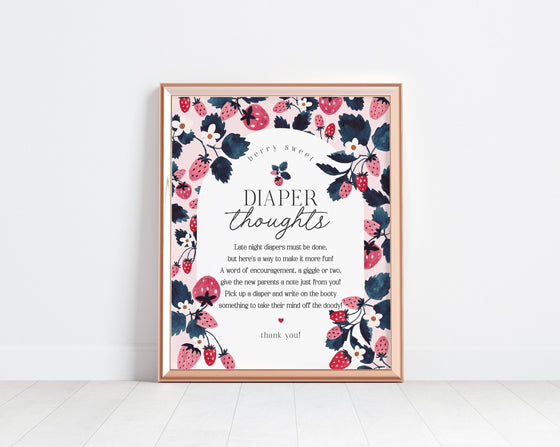 Pink Strawberry Baby Shower Diaper Thoughts Sign Printable Template, Berry sweet baby shower for spring summer fresh fruit girl baby shower