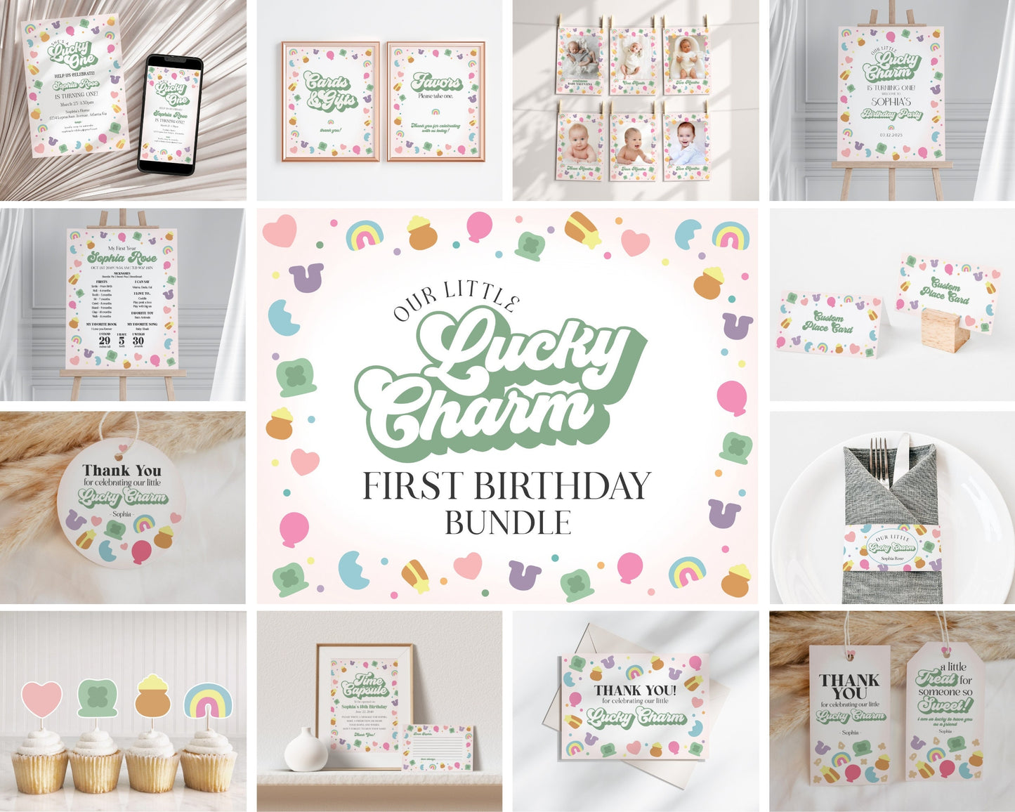 Lucky Shamrock St Patricks First Birthday Bundle Printable, instant download March Lucky One 1st birthday for Girl, Irish Birthday Party