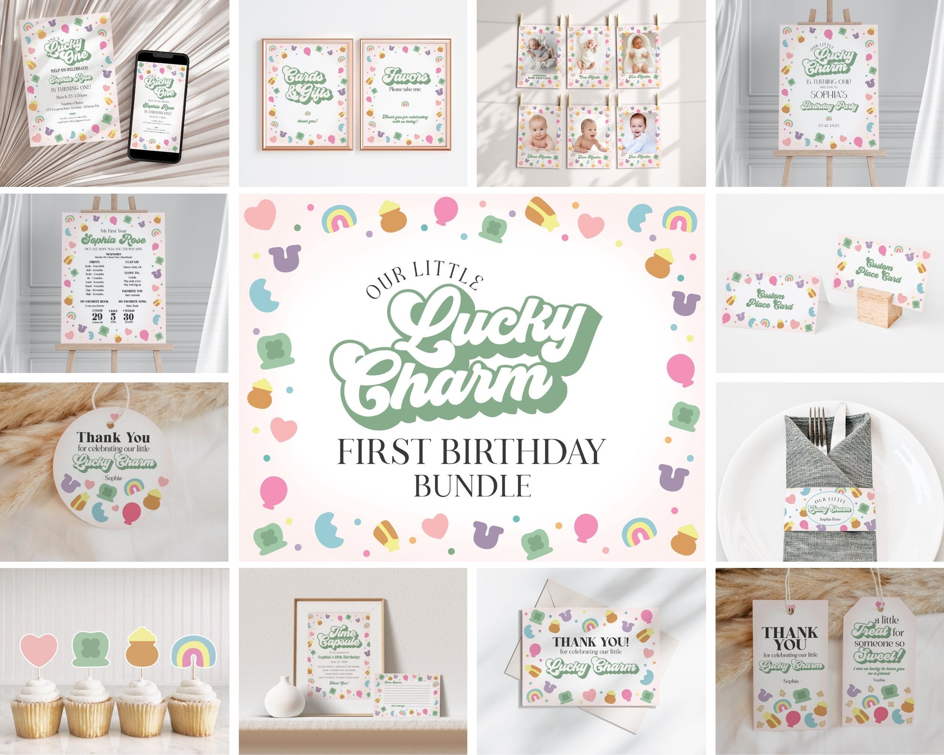 Lucky Shamrock St Patricks First Birthday Bundle Printable, instant download March Lucky One 1st birthday for Girl, Irish Birthday Party