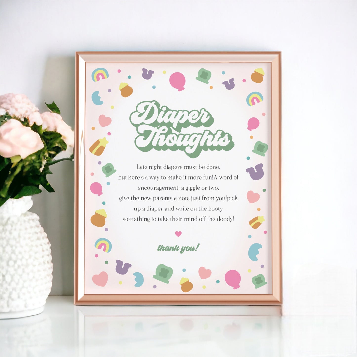 Lucky Shamrock St Patricks Baby Shower Diaper Thoughts Sign Printable Template, instant download March Irish baby shower for girl