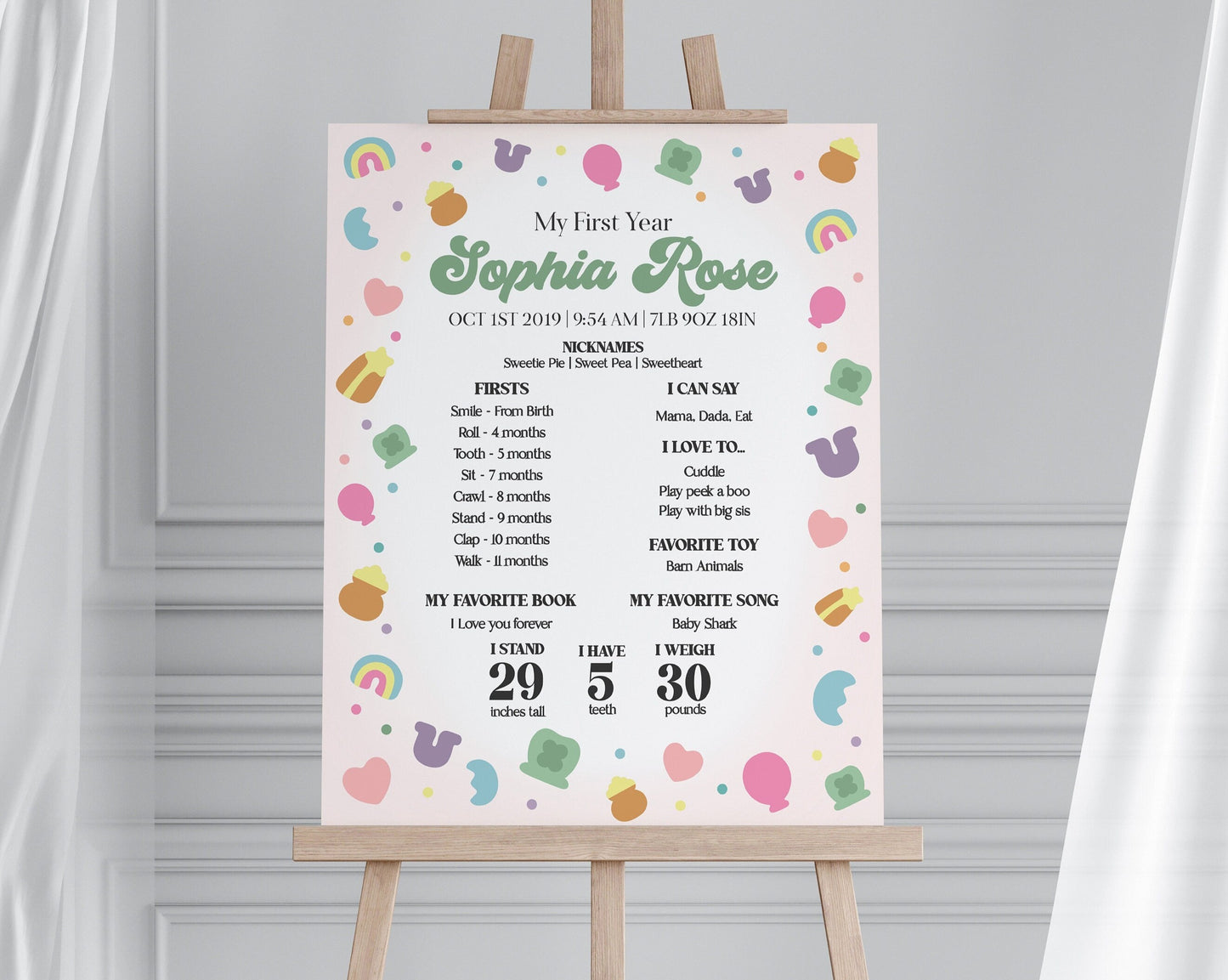 Lucky Shamrock St Patricks First Year Milestone Sign Printable Template, instant download March Lucky One 1st birthday for Girl, Irish Bday