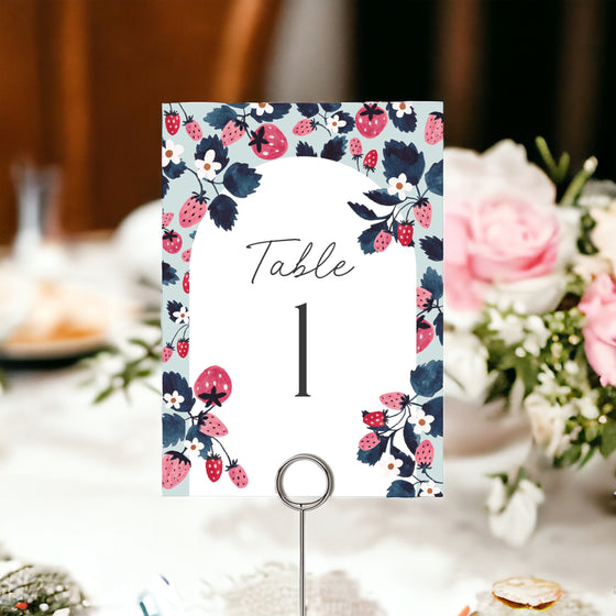 Mint Strawberry Banquet Table Number Cards Printable Template for Baby Shower or Birthday Party, Berry sweet bridal shower for spring summer