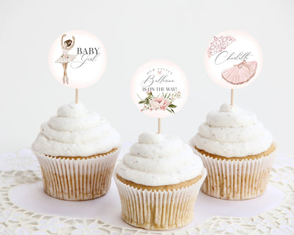 Little Ballerina Cupcake Toppers Printable for Ballet Baby Shower for Girl, Dance and Twirl Tutu Excited Ballet Baby Shower Pink Ballerina