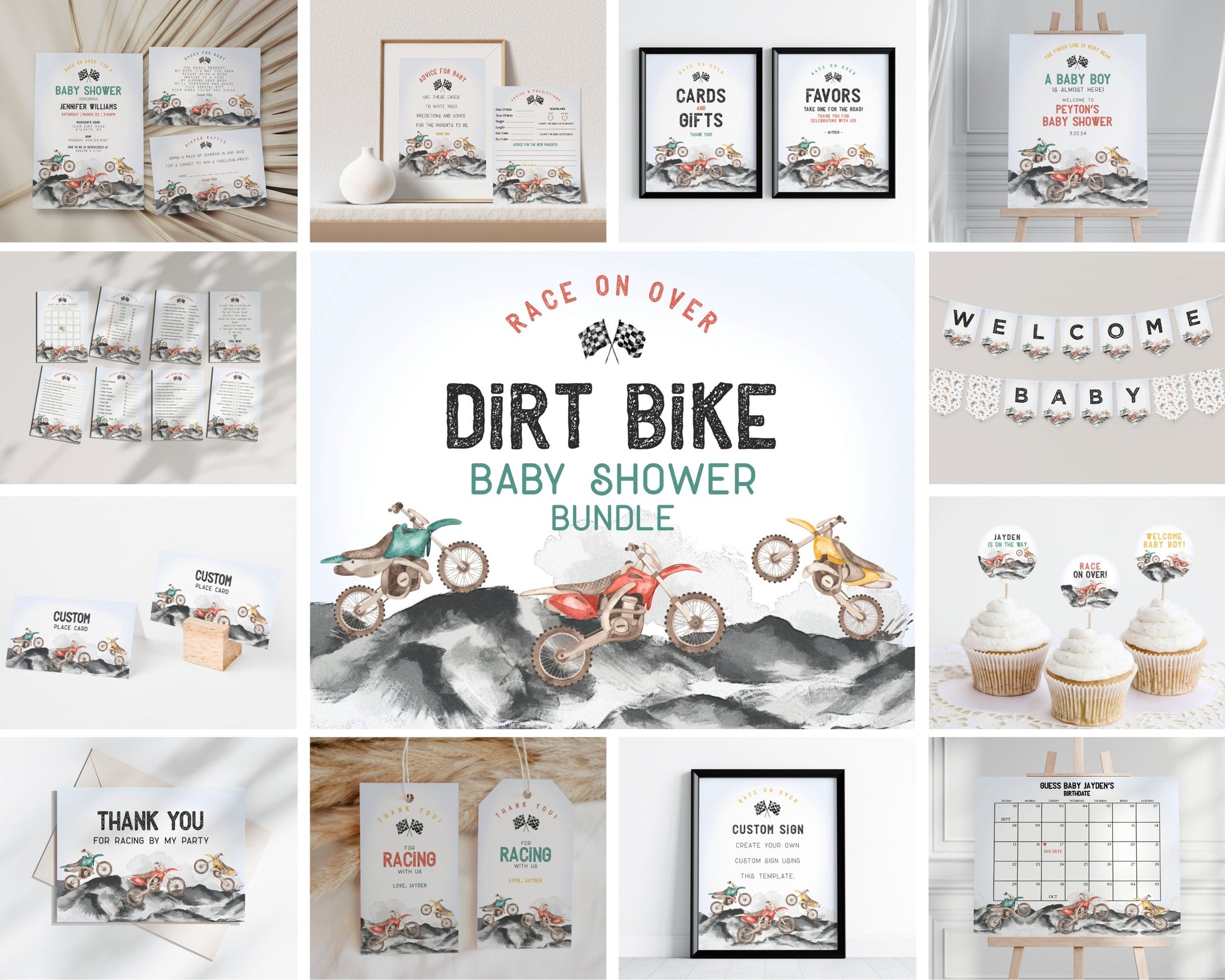 Dirt Bike Baby Shower Bundle Printable Template, Race on over baby shower for boy, motor bike racing theme for motor bike Off-road shower