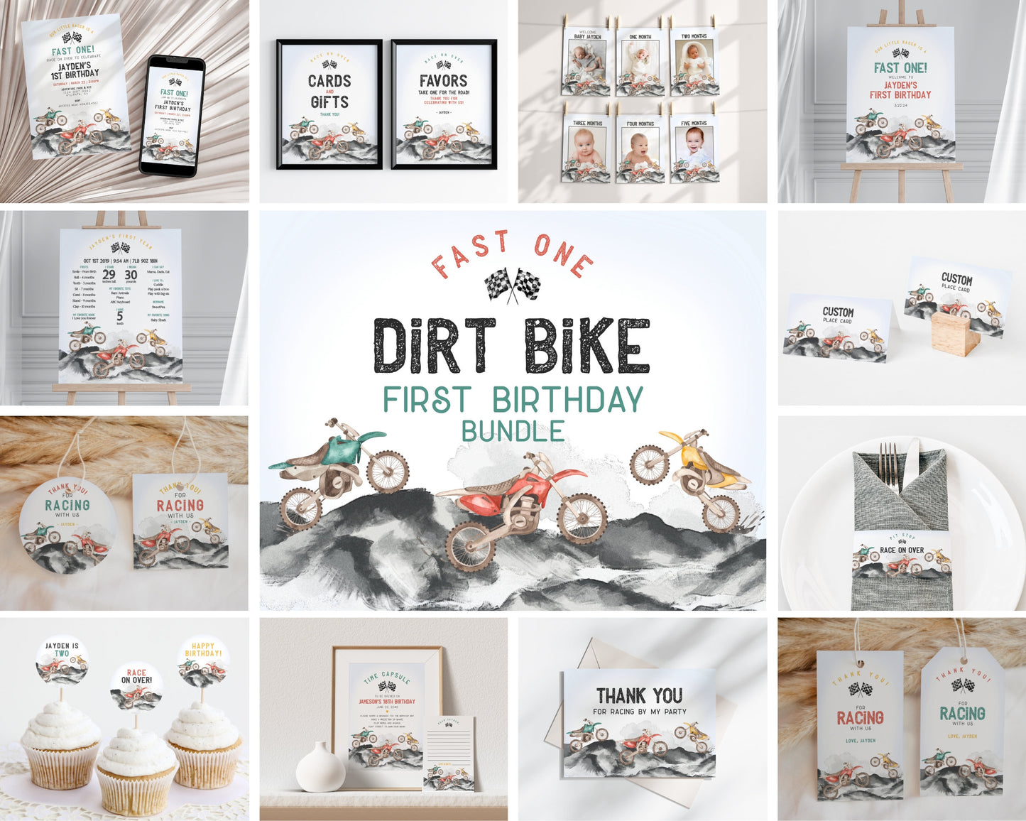 Dirt Bike Fast One First Birthday Bundle Printable Template, Little racer 1st birthday for boy, motor bike racing theme off-road bday party