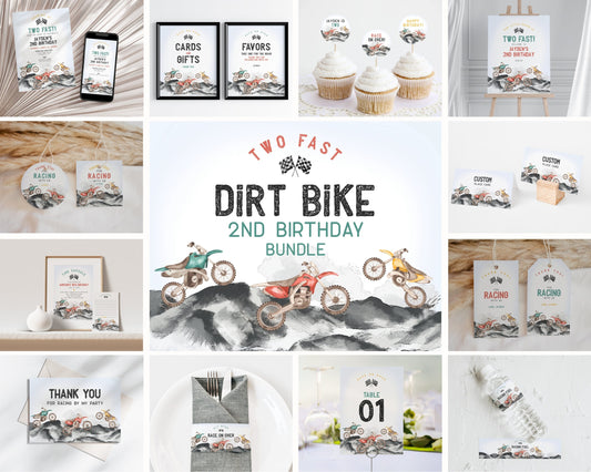 Dirt Bike Two Fast Second Birthday Bundle Printable Template, Little racer 2nd birthday for boy, motor bike racing theme off-road bday party