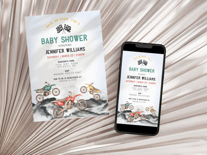 Dirt Bike Baby Shower Invitation Template, Race on over baby shower for boy, motor bike racing theme for motor bike Off-road shower decor