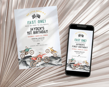 Dirt Bike First Birthday Fast One Invitation Printable Template, Little racer 1st birthday for boy, motor bike racing theme off-road bday