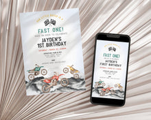  Dirt Bike First Birthday Fast One Invitation Printable Template, Little racer 1st birthday for boy, motor bike racing theme off-road bday