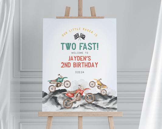 Dirt Bike Second Birthday TWO Fast Welcome Sign Printable Template, Little racer 2nd birthday for boy, motor bike racing theme off-road bday