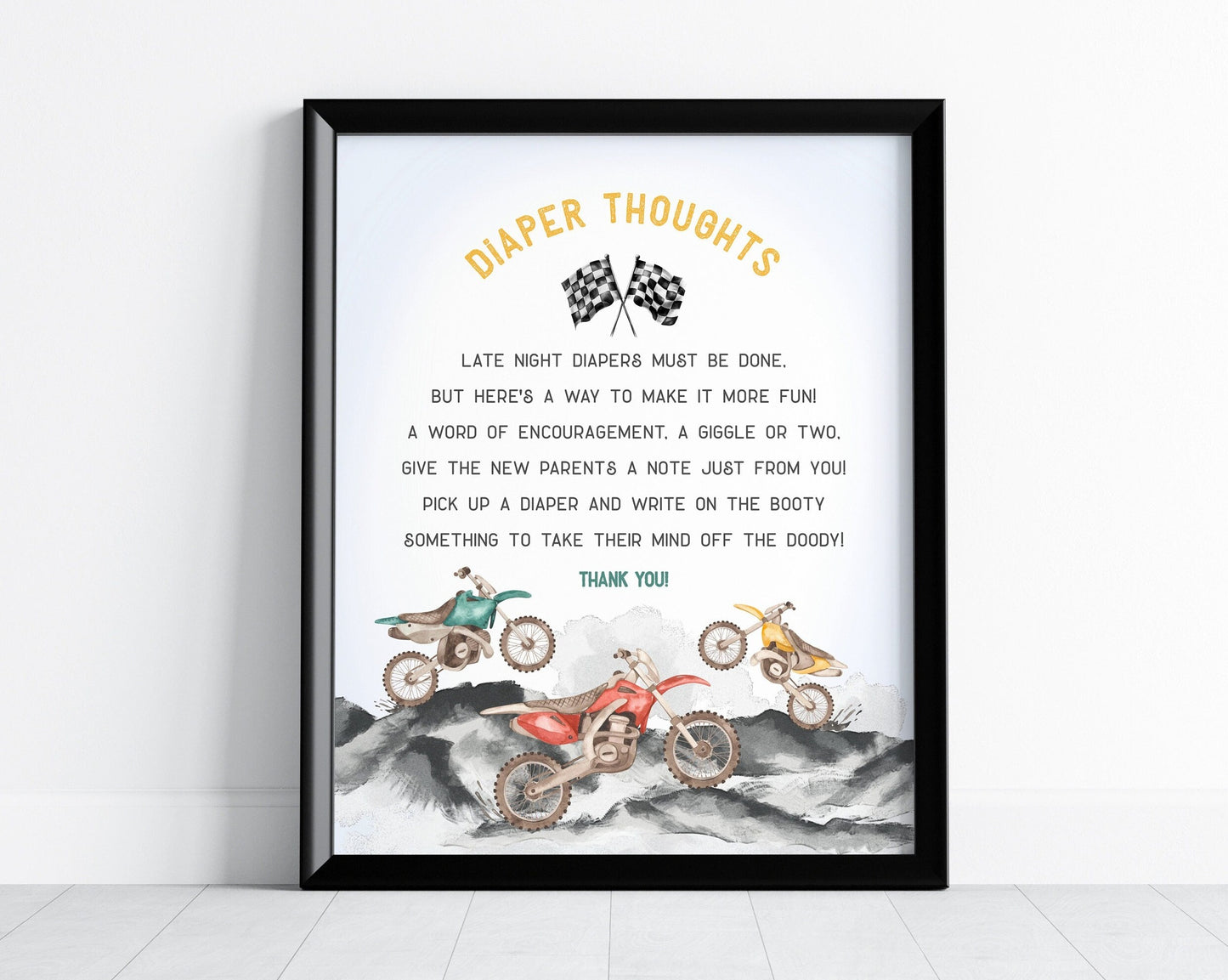 Dirt Bike Baby Shower Diaper Thoughts Sign Instant Download, Little Racer is on the Way Race on Over Boy Baby Shower Printable Template