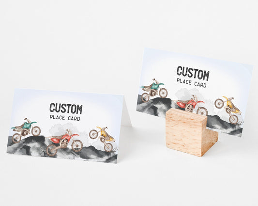 Dirt Bike Place Cards Instant Download, Motor Bike Baby Shower or boy Birthday Party, our little racer is growing up two fast, fast one