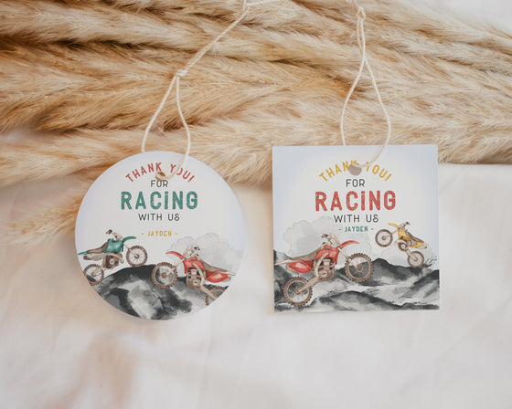 Dirt Bike Birthday Party Favor Tags Printable Template, Little Racer Growing Up Two Fast, Race on Over Fast One Off-Road Motor Bike Birthday