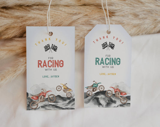 Dirt Bike Birthday Party Favor Tags Printable Template, Little Racer Growing Up Two Fast, Race on Over Fast One Off-Road Motor Bike Birthday