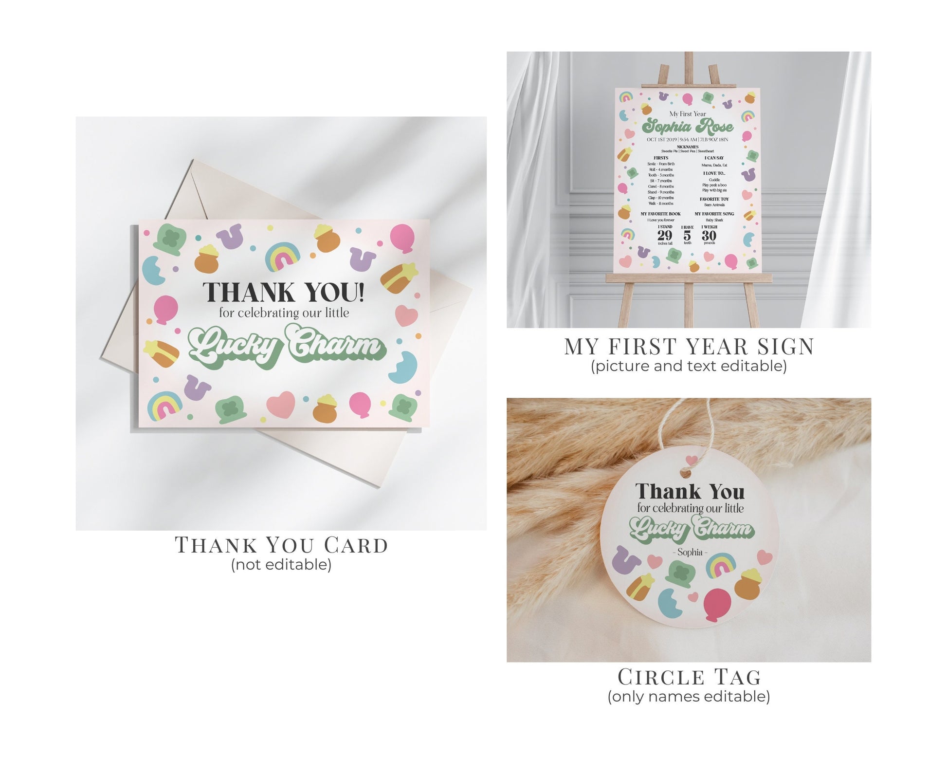 Lucky Shamrock St Patricks First Birthday Bundle Printable, instant download March Lucky One 1st birthday for Girl, Irish Birthday Party