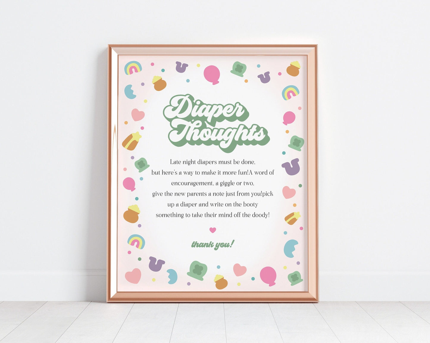 Lucky Shamrock St Patricks Baby Shower Diaper Thoughts Sign Printable Template, instant download March Irish baby shower for girl