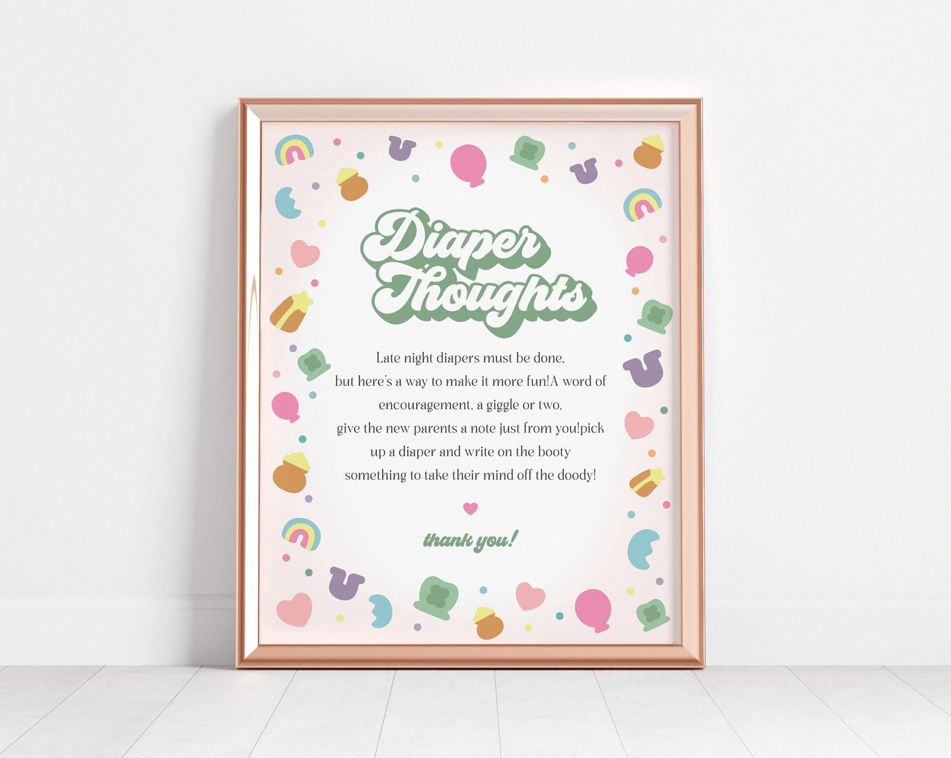 Lucky Shamrock St Patricks Baby Shower Diaper Thoughts Sign Printable Template, instant download March Irish baby shower for girl