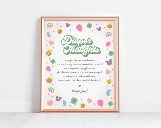 Lucky Shamrock St Patricks Baby Shower Diaper Thoughts Sign Printable Template, instant download March Irish baby shower for girl