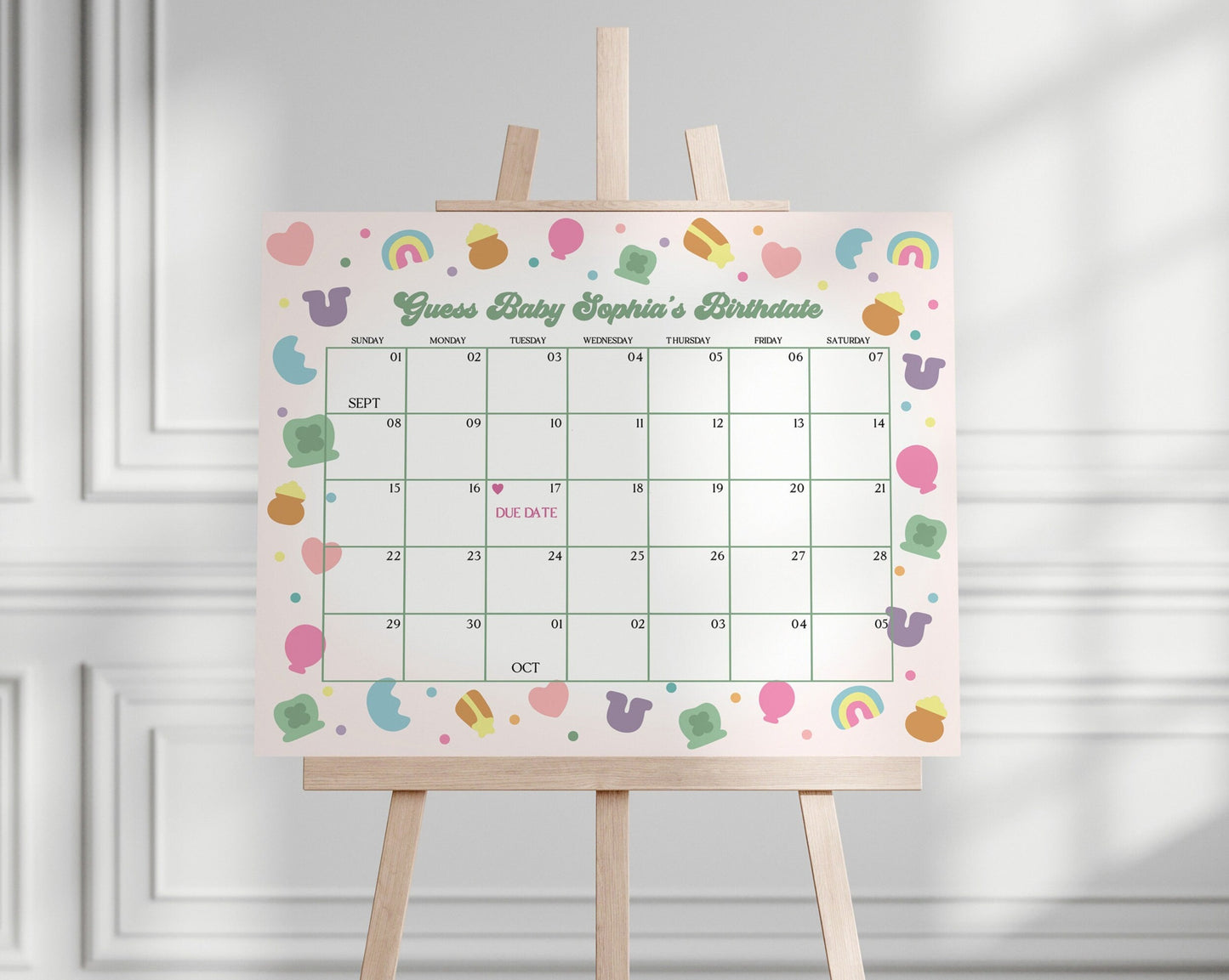 Lucky Shamrock St Patricks Baby Shower Guess the Date Game Template, instant download March baby shower for girl, Irish Luck Baby Shower