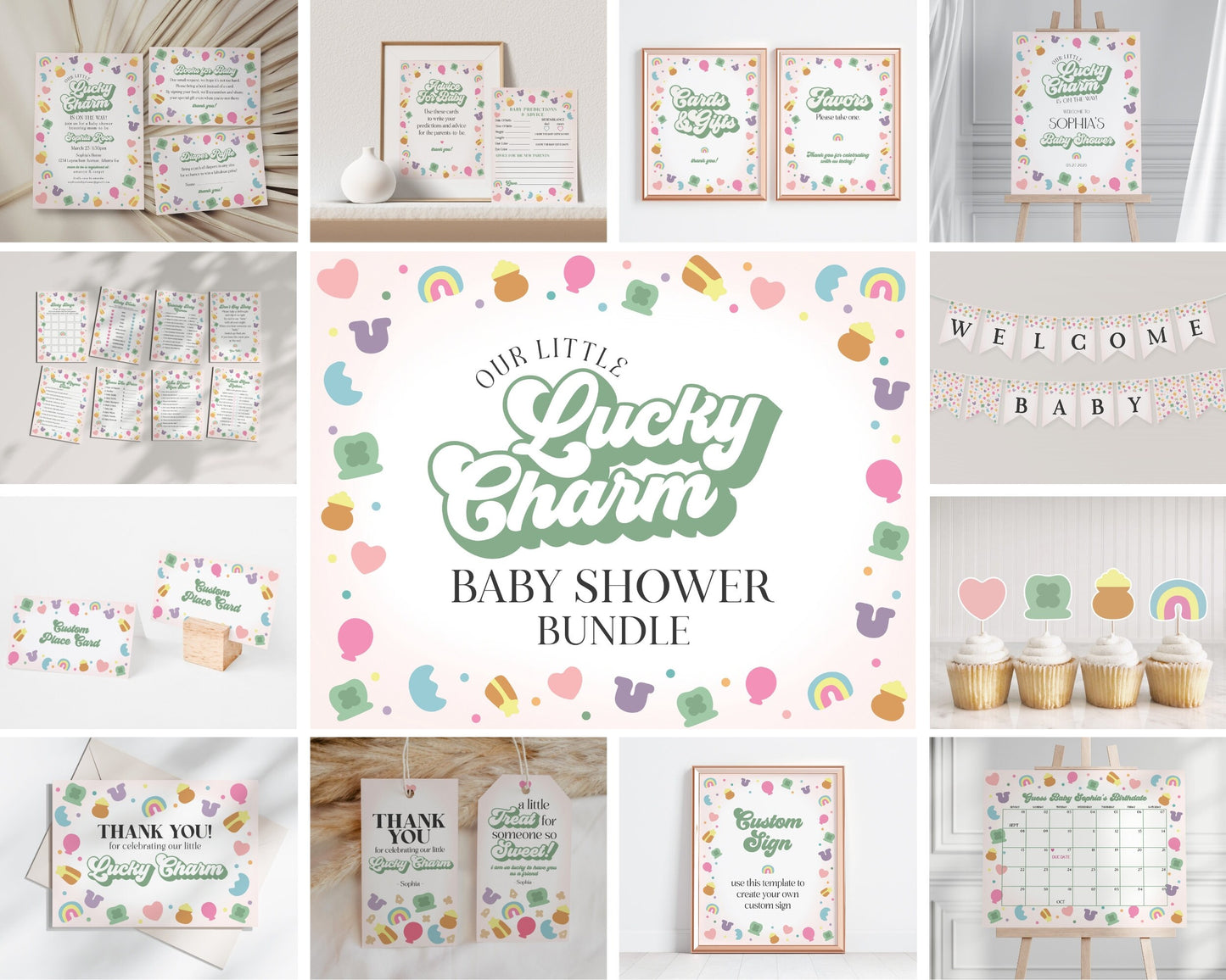 Lucky Shamrock St Patricks Day Irish Baby Shower Bundle Printable Template, instant download March baby shower for girl