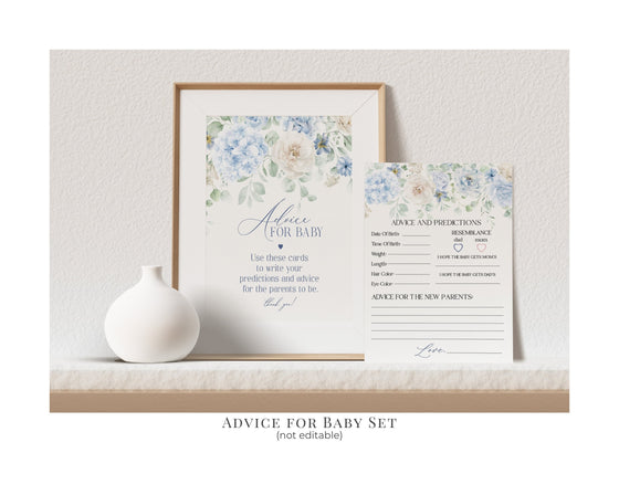 Blue Floral Baby Shower Printable Bundle, Blue Baby in Bloom baby shower for spring, Light Blue Hydrangeas Flowers instant download