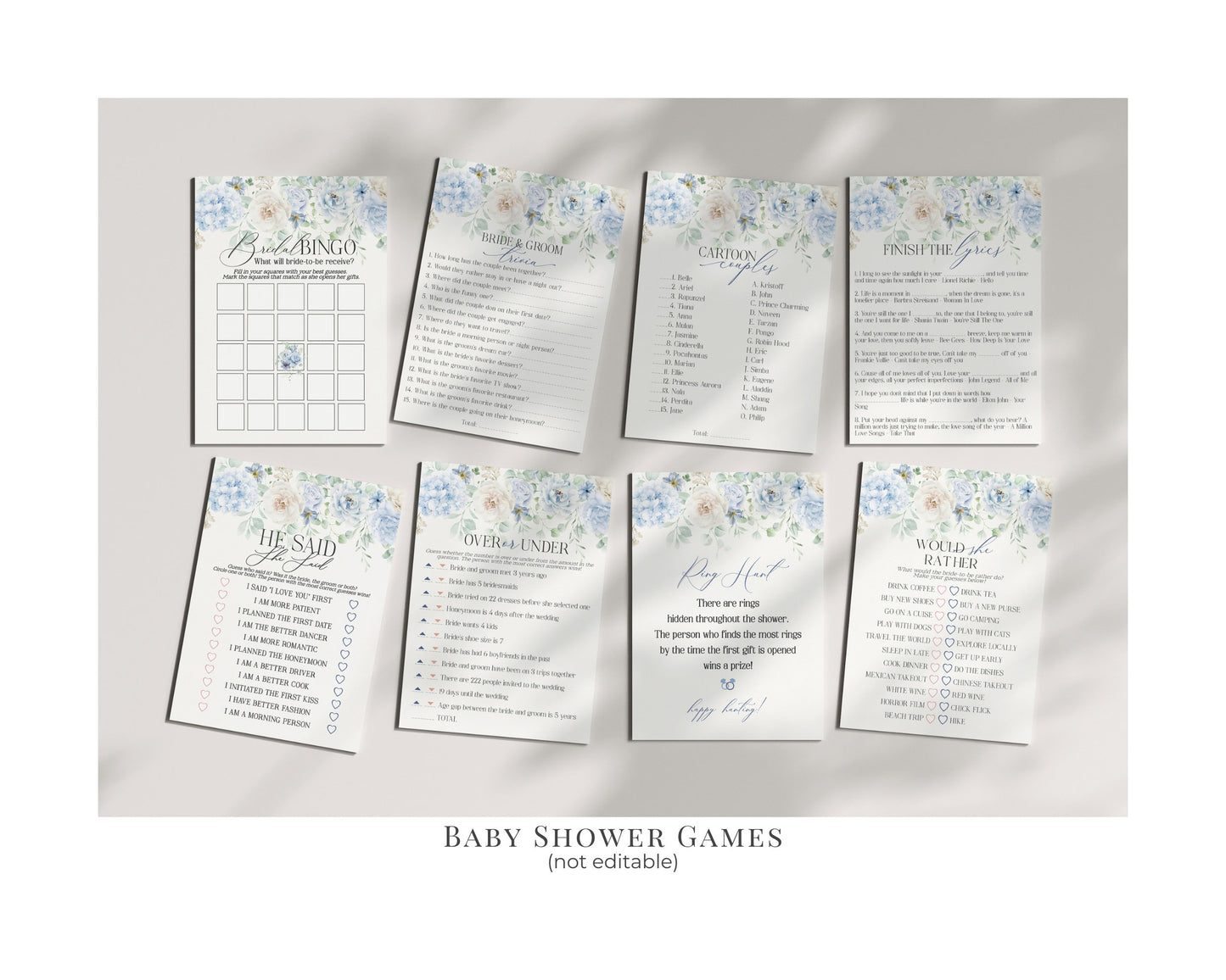 Blue Floral Bridal Shower Printable Bundle, Something Blue Before I Do spring bridal shower, Light Blue Hydrangeas Flowers instant download