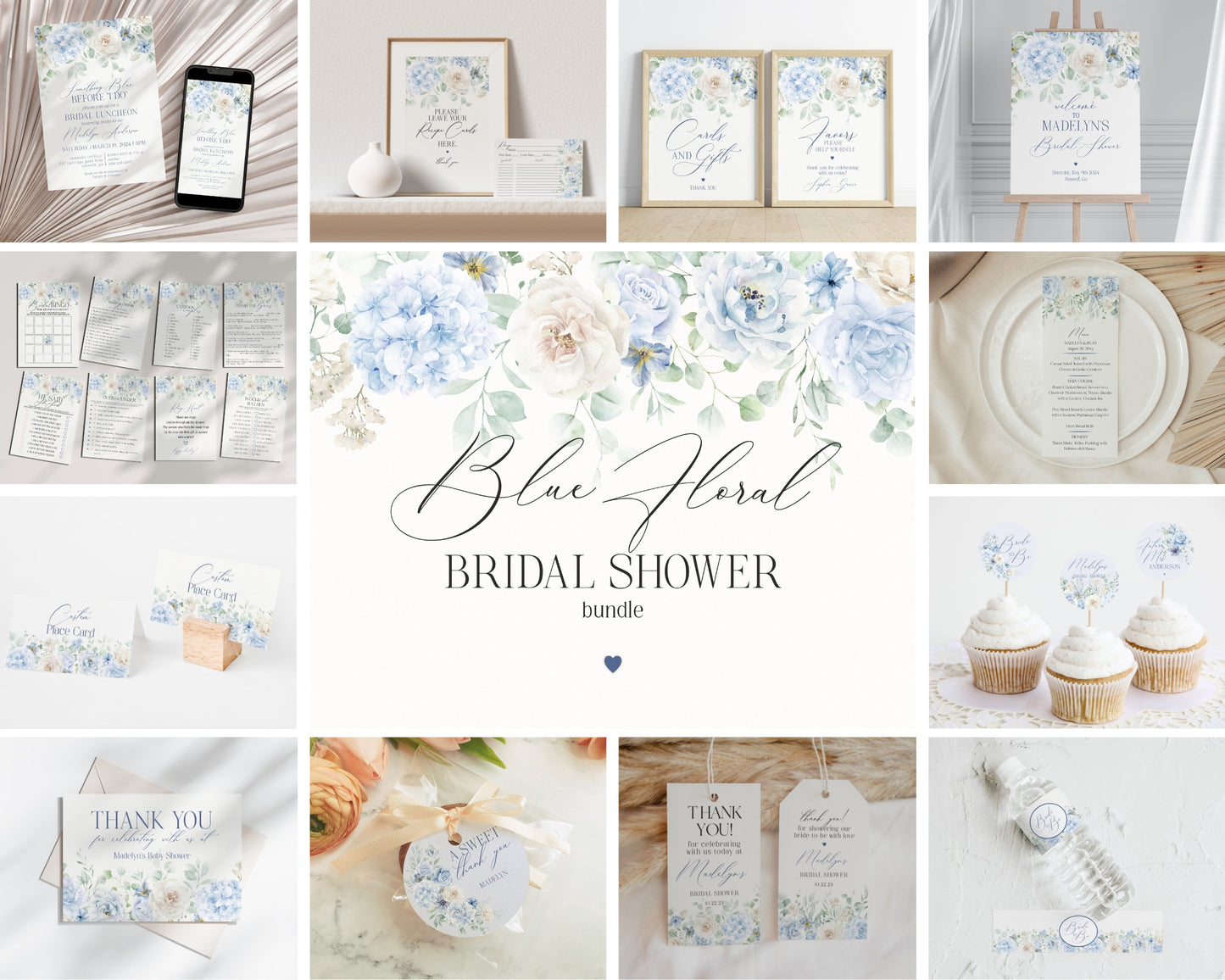 Blue Floral Bridal Shower Printable Bundle, Something Blue Before I Do spring bridal shower, Light Blue Hydrangeas Flowers instant download