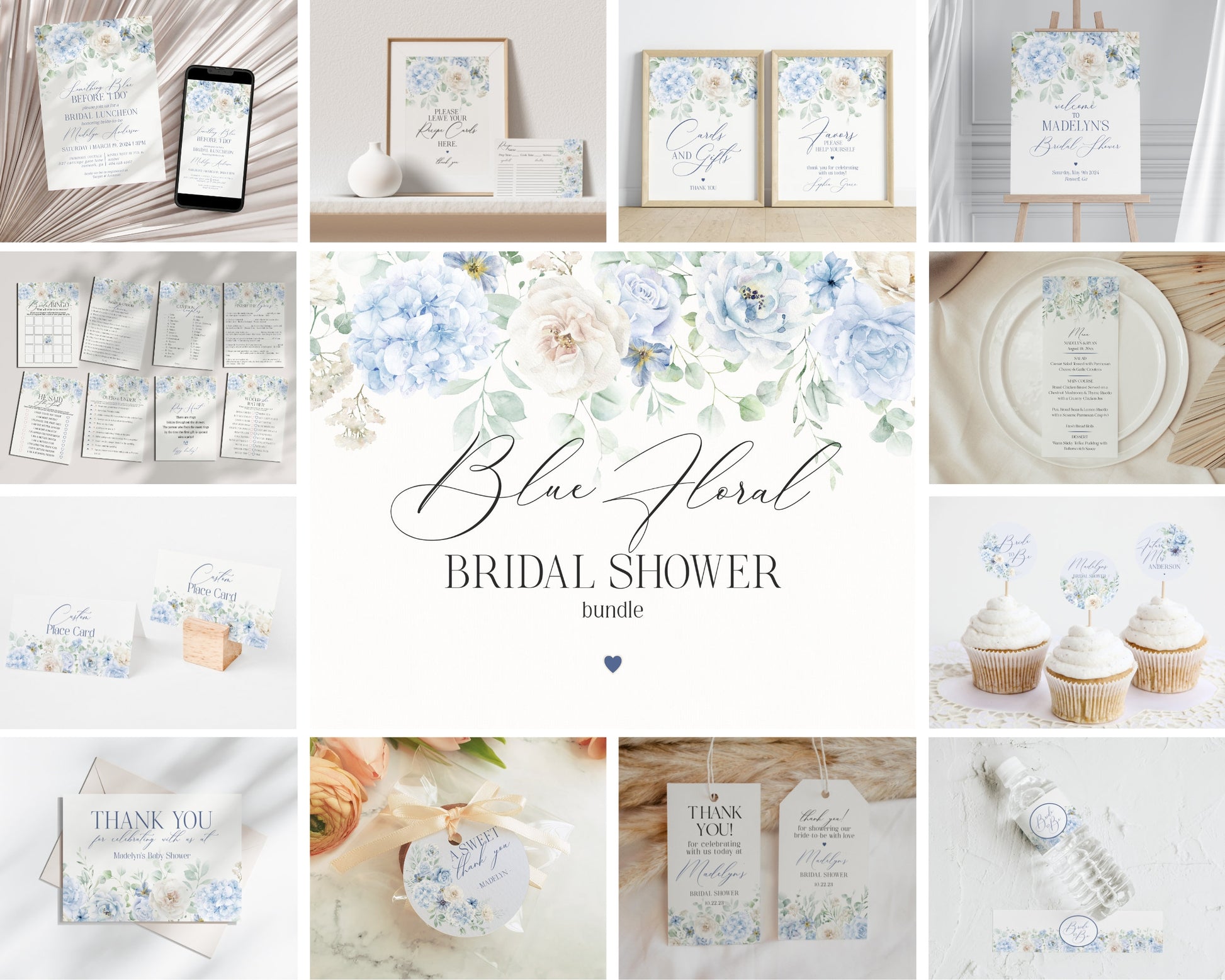 Blue Floral Bridal Shower Printable Bundle, Something Blue Before I Do spring bridal shower, Light Blue Hydrangeas Flowers instant download