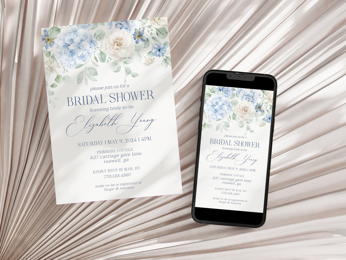 Blue Floral Bridal Shower Invitation Bundle Printable Template, Something Blue spring bridal shower, Light Blue Hydrangeas Flowers