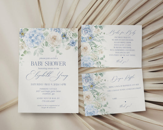 Blue Floral Baby Shower Invitation Printable Template, Blue Baby in Bloom baby shower for spring, Light Blue Hydrangeas Flowers download