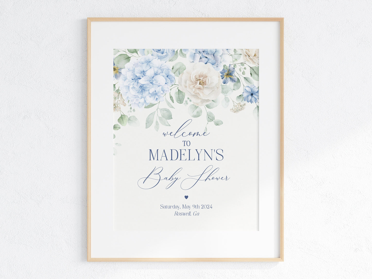 Blue Floral Baby Shower Welcome Sign Printable Template, Blue Baby in Bloom baby shower for spring Light Blue Hydrangea Flowers download