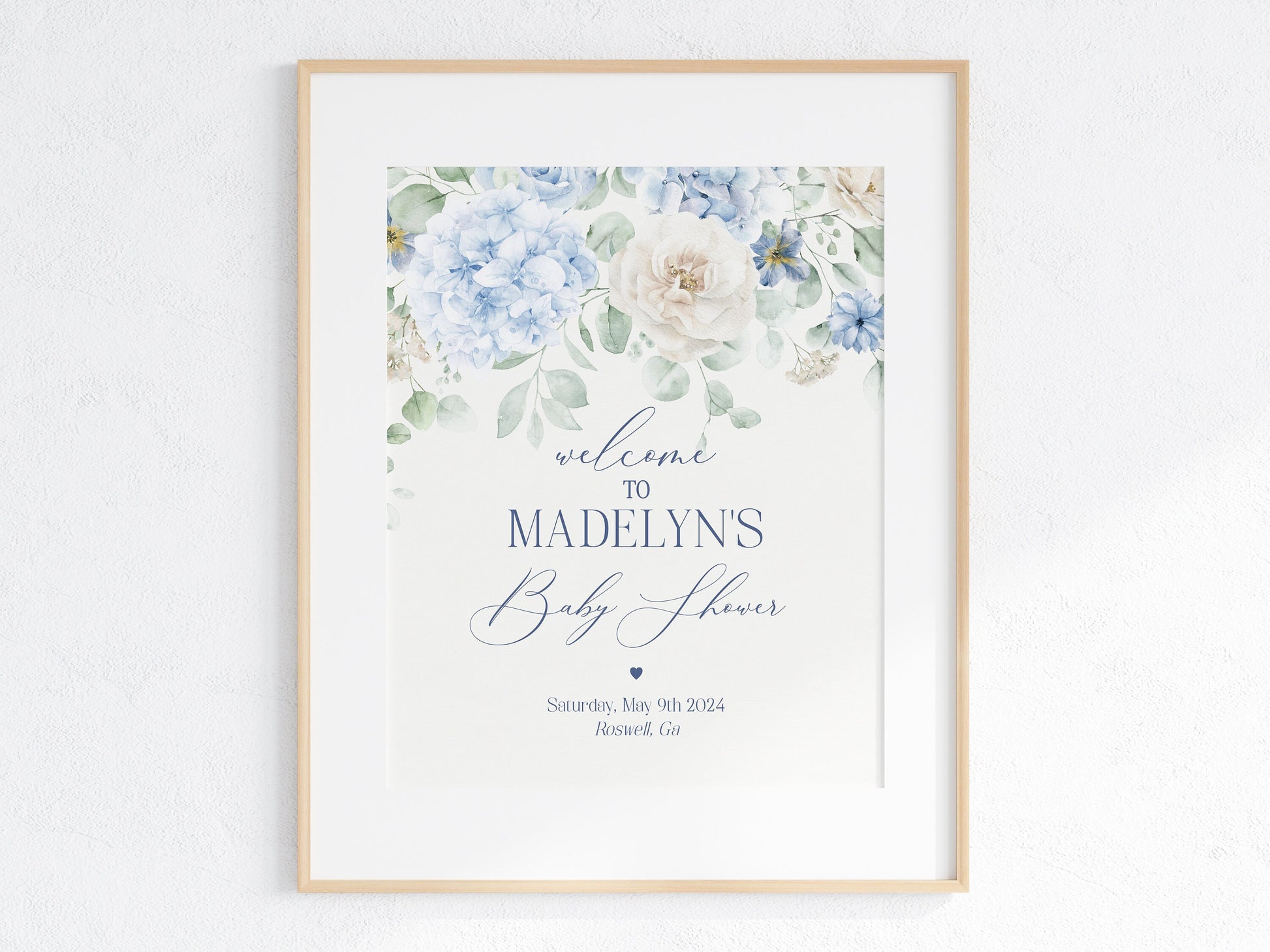 Blue Floral Baby Shower Welcome Sign Printable Template, Blue Baby in Bloom baby shower for spring Light Blue Hydrangea Flowers download