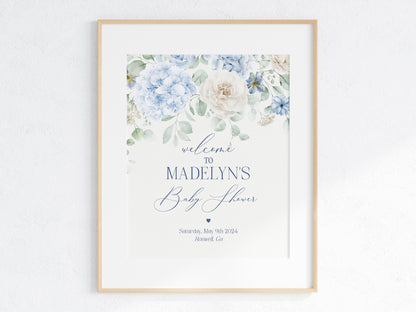 Blue Floral Baby Shower Welcome Sign Printable Template, Blue Baby in Bloom baby shower for spring Light Blue Hydrangea Flowers download